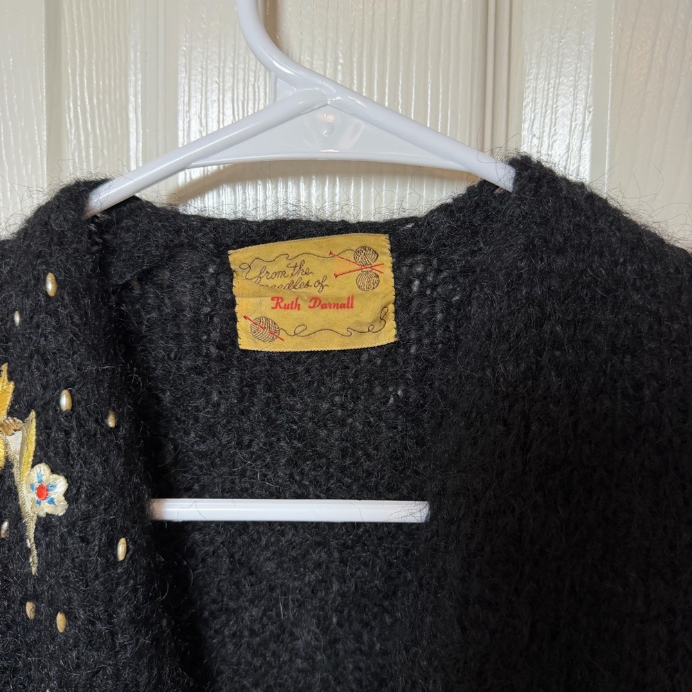 Vintage 60s Black Embroidered Mohair Cardigan - Picture 3 of 6